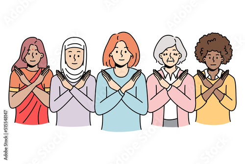 Multiracial women showing stop sign protest against gender or sex discrimination. Interracial female group gesturing braking the bias in society. Vector illustration. 