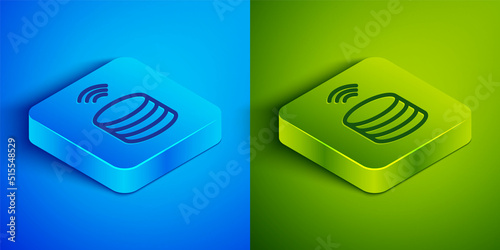Isometric line Smart Server, Data, Web Hosting icon isolated on blue and green background. Internet of things concept with wireless connection. Square button. Vector