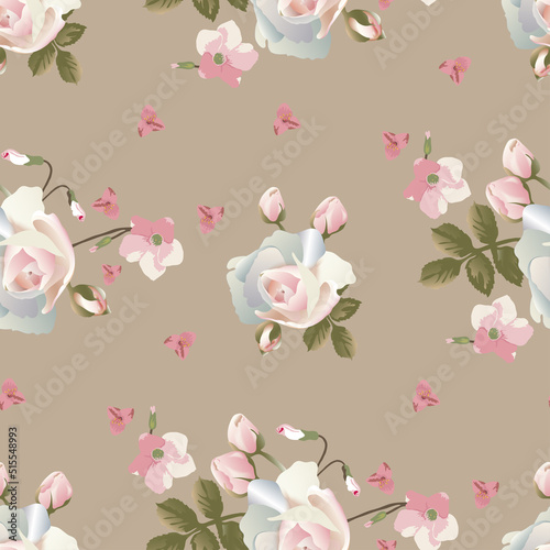 Vector floral seamless pattern for design of fabric, wallpaper, wrapping paper, of scarf, shawl, hijab. Rose flower with leaves and buds, on a beige background