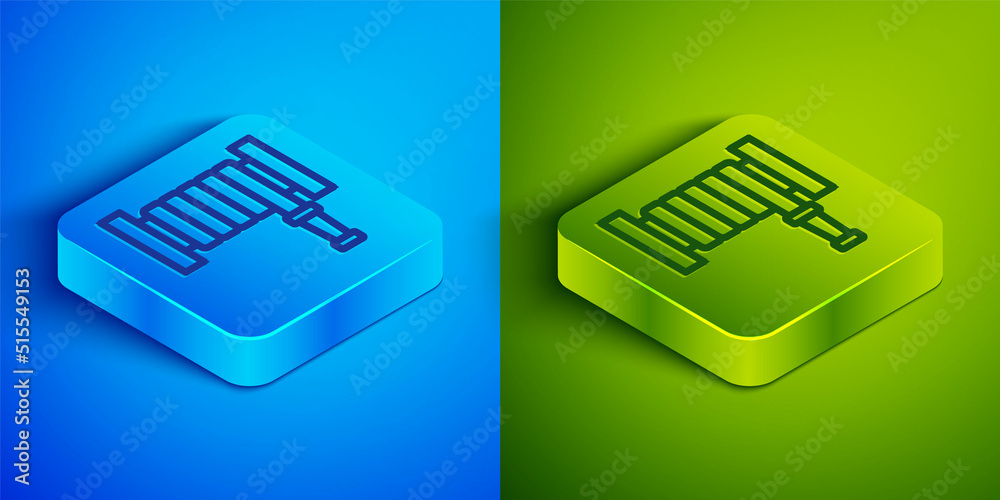 Isometric line Fire hose reel icon isolated on blue and green background. Square button. Vector Isometric line Fire hose reel icon isolated on blue and green background. Square button. Vector