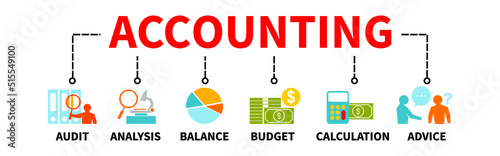 Accounting Banner Vector Illustration providing the systems for audit analyze calculate budgeting business financial with graphs analysis icons