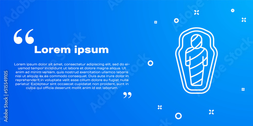 White line Egypt mummy in sarcophagus icon isolated on blue background. Vector