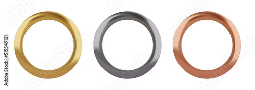 Set of gold, cilver and copper metal grommet rings for paper, card, tag, sticker or hanger. Banner steel or chrome circle isolated realistic eyelet on white background. Vector illustration