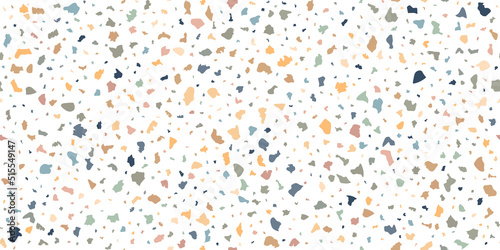 Terrazzo seamless pattern composed of pieces of granite, quartz, glass and stone. Marble floor texture. White classic paving design. Abstract wall background. Retro venetian stone material