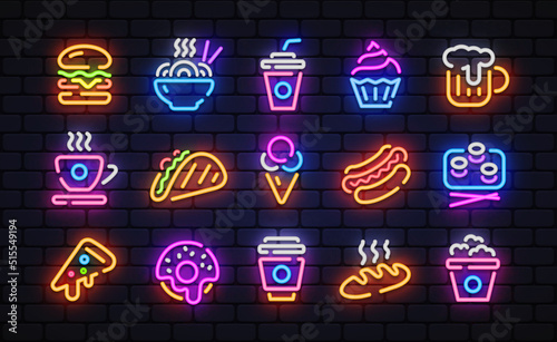 Neon food icons in vintage style on light background. Business, icon set. Vector illustration