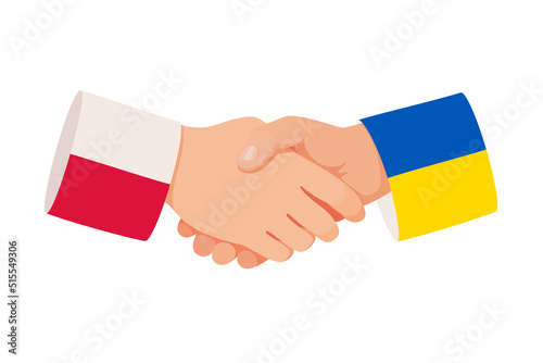 Handshake of Poland and Ukraine. Symbol of help, military and economic support. Vector sticker for meeting and talks between Polish and Ukrainian leaders. Two hands are decorated with national flags