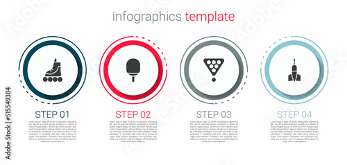 Set Roller skate, Racket for playing table tennis, Billiard balls rack triangle and Dart arrow. Business infographic template. Vector