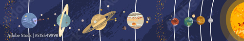 Solar system poster. Sun, Mercury, Venus, Earth, Moon, Mars, Jupiter, Saturn, Uranus, Neptune. Planet, satellite, asteroid belt, comet. Astronomy, astrophysics. Vector flat cartoon cosmic illustration