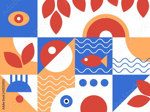  Bauhaus poster template with geometric colorful vivid eye pattern. Abstract universal brochure in swiss retro minimal style. Futuristic vector background. 