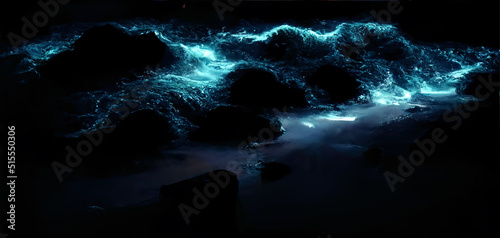 Night fantasy seascape with beautiful waves and foam. Night view of the ocean. Neon foam on water waves. Reflection in the water of the starry sky. 3D illustration. © MiaStendal