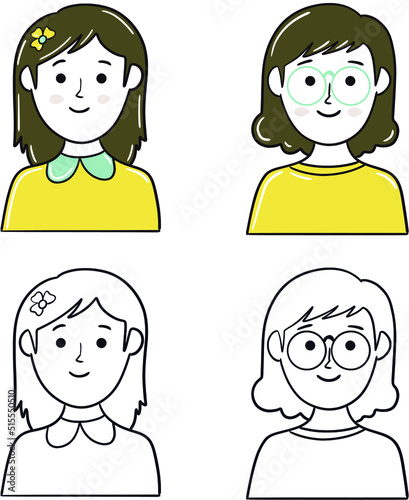 Minimal Face Girl. Simple female character face or profile in outline and saturated color