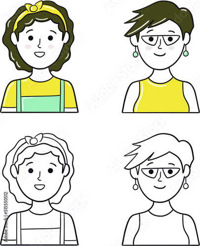 Minimal Face Girl. Simple female character face or profile in outline and saturated color.