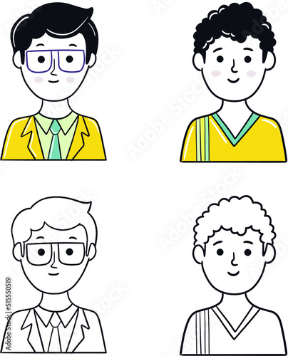 Minimal Face Boy. Simple male character face or profile in outline and saturated color.
