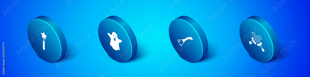 Set Isometric Magic wand, Witches broom, Crossed medieval sword and Ghost icon. Vector
