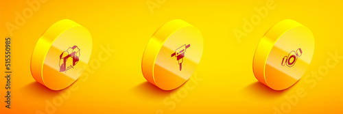 Set Isometric Mine entrance, Construction jackhammer and Gas mask icon. Vector