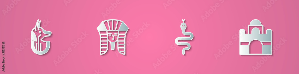 Set paper cut Egyptian anubis, pharaoh, Snake and house icon. Paper art style. Vector Set paper cut Egyptian anubis, pharaoh, Snake and house icon. Paper art style. Vector
