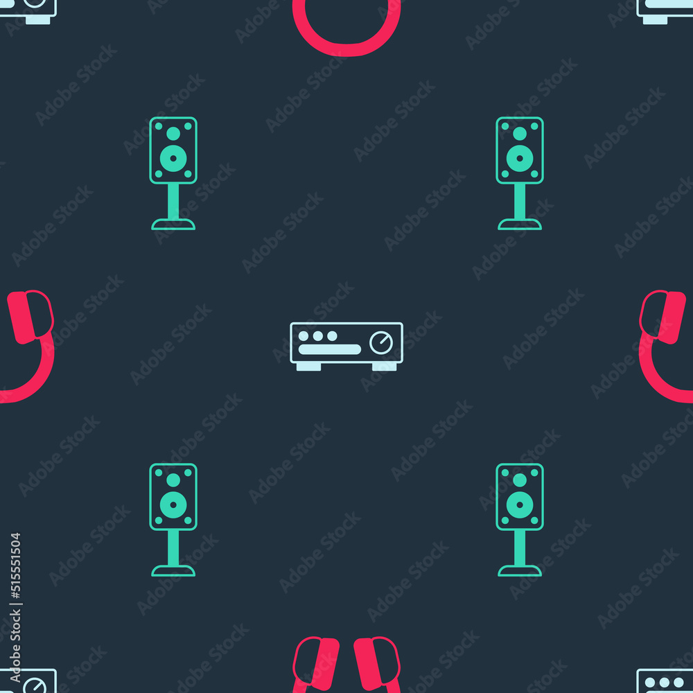 Set Headphones, Sound mixer controller and Stereo speaker on seamless pattern. Vector Set Headphones, Sound mixer controller and Stereo speaker on seamless pattern. Vector