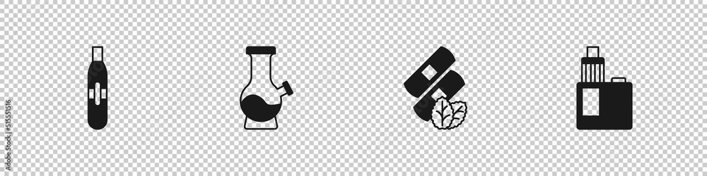 Set Electronic cigarette, Bong, Medical nicotine patches and Vape mod device icon. Vector Set Electronic cigarette, Bong, Medical nicotine patches and Vape mod device icon. Vector