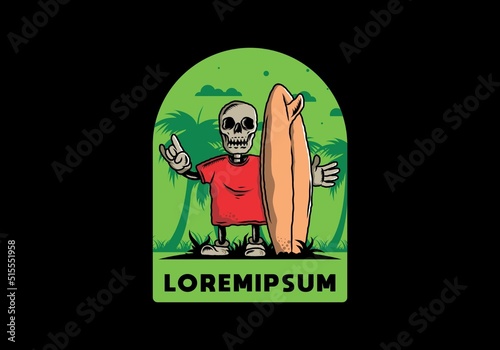 Photography Little skull holding a surfing board illustration design