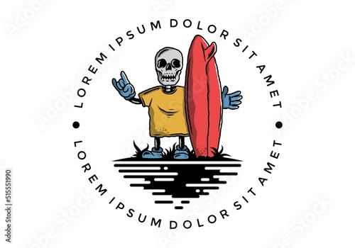 Photography Little skull holding a surfing board illustration design