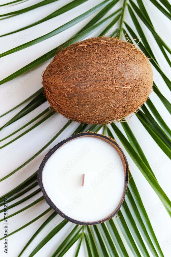 original handmade soy wax candle in coconut, palm branch and original handmade soy wax candle in coconut, palm branch and