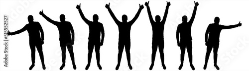 The guy stands exactly with his hands up and shows a gesture of "thumb up". Hitchhiking. Man in full face. Character for the animation movement. Set of seven black male silhouettes isolated on white