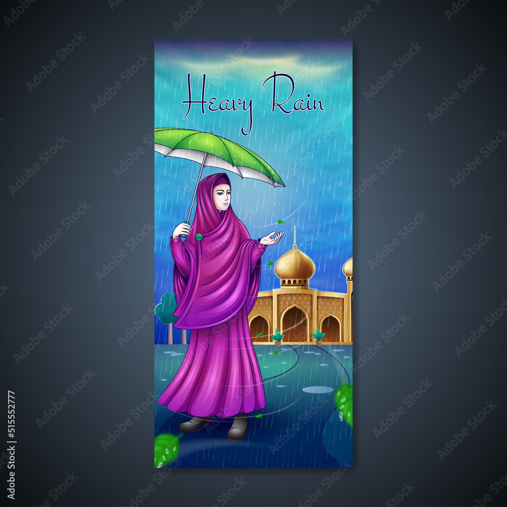 Obraz premium illustration of heavy rain with illustration of a Muslim woman holding an umbrella