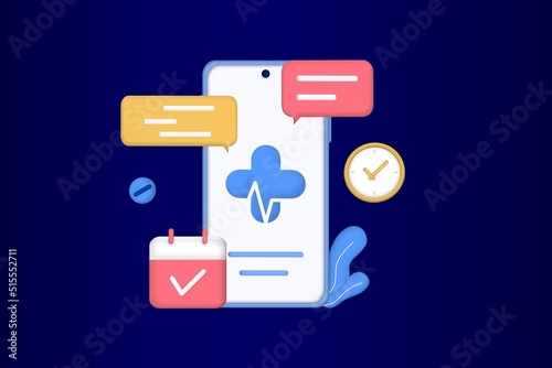 Online medical consultation on mobile app through the phone screen. Online medical clinic, tele medicine, online healthcare, online doctor consultation, digital health concept. 3d vector illustration.