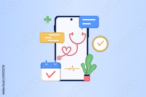Online medical consultation on mobile app through the phone screen. Online medical clinic, tele medicine, online healthcare, online doctor consultation, digital health concept. 3d vector illustration.