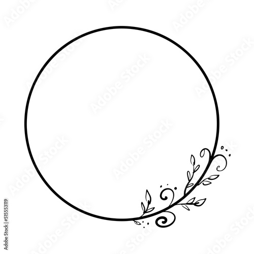 Floral vintage frame in doodle sketch style. Hand drawn romantic circle frame for wedding, card decoration. Vector illustration isolated on white background