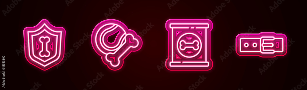Set line Animal health insurance, Pet toys bone rubber and ball, Canned food and Collar with name tag. Glowing neon icon. Vector Set line Animal health insurance, Pet toys bone rubber and ball, Canned food and Collar with name tag. Glowing neon icon. Vector