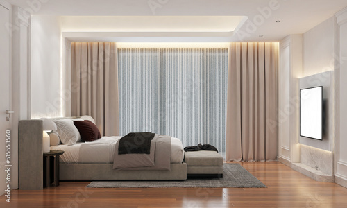 Modern luxury bedroom and white empty wall texture background interior design / 3D rendering  © teeraphan