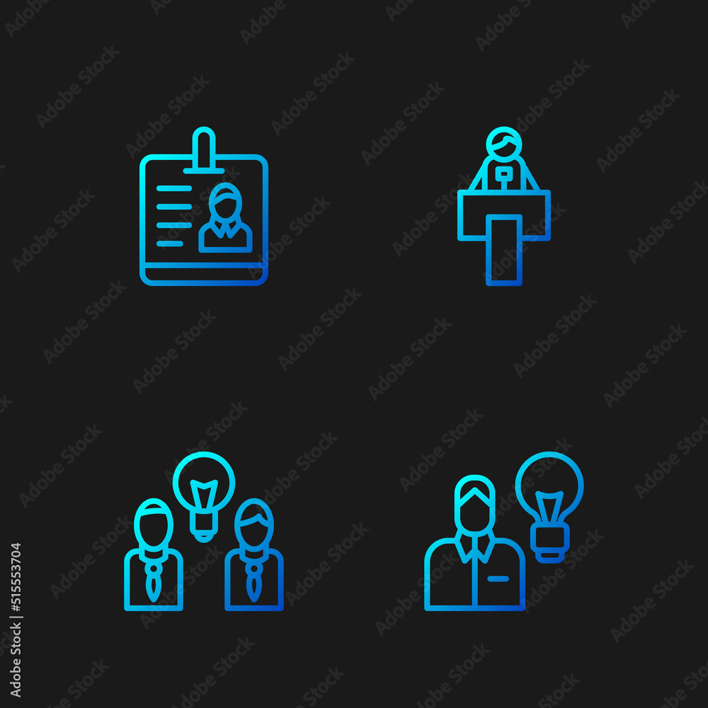 Set line Human with lamp bulb, People, Identification badge and Stage stand or tribune. Gradient color icons. Vector Set line Human with lamp bulb, People, Identification badge and Stage stand or tribune. Gradient color icons. Vector