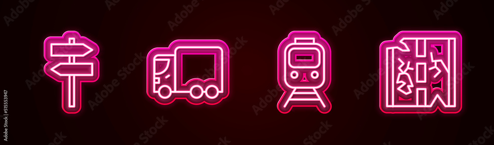 Set line Road traffic signpost, Delivery cargo truck, Train and railway and Broken road. Glowing neon icon. Vector Set line Road traffic signpost, Delivery cargo truck, Train and railway and Broken road. Glowing neon icon. Vector