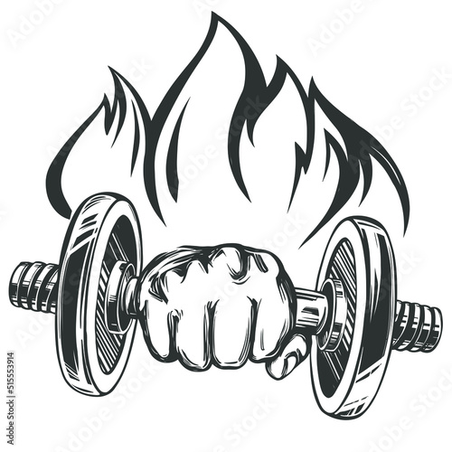 arm, strong hand holding a dumbbell with the fire emblem, icon cartoon hand drawn vector illustration sketch