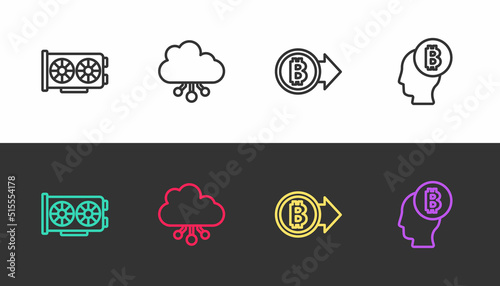 Set line Video graphic card, Cryptocurrency cloud mining, Bitcoin and think on black and white. Vector