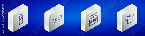 Set Isometric line Fitness shaker, Dumbbell, Sports nutrition and T-shirt icon. Vector