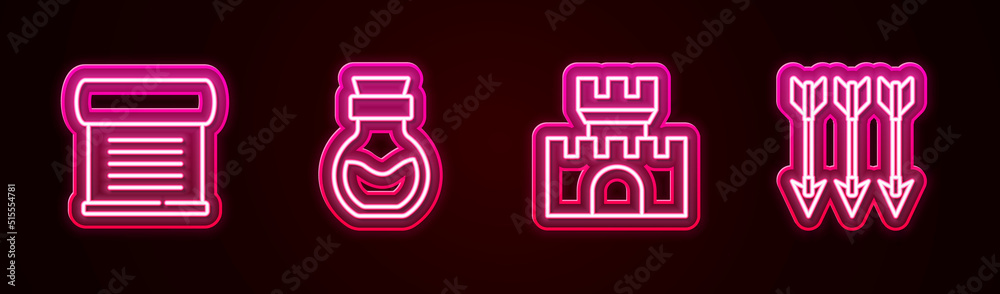 Set line Decree, parchment, scroll, Poison in bottle, Castle, fortress and Crossed arrows. Glowing neon icon. Vector Set line Decree, parchment, scroll, Poison in bottle, Castle, fortress and Crossed arrows. Glowing neon icon. Vector