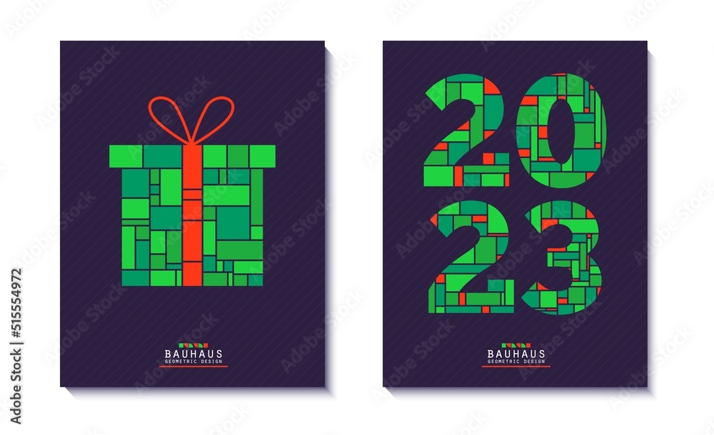 Set of Christmas posters in bauhaus style. Bright Christmas gift box on black background and 2023 numbers with mosaic grid pattern. Vector New year cards in red and green colour geometric shapes Set of Christmas posters in bauhaus style. Bright Christmas gift box on black background and 2023 numbers with mosaic grid pattern. Vector New year cards in red and green colour geometric shapes