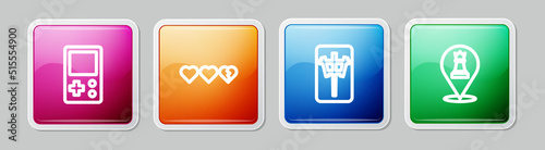 Set line Tetris, Hearts for game, Mahjong pieces and Chess. Colorful square button. Vector