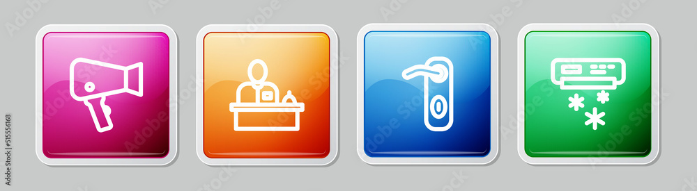 Set line Hair dryer, Hotel reception desk, Door handle and Air conditioner. Colorful square button. Vector Set line Hair dryer, Hotel reception desk, Door handle and Air conditioner. Colorful square button. Vector