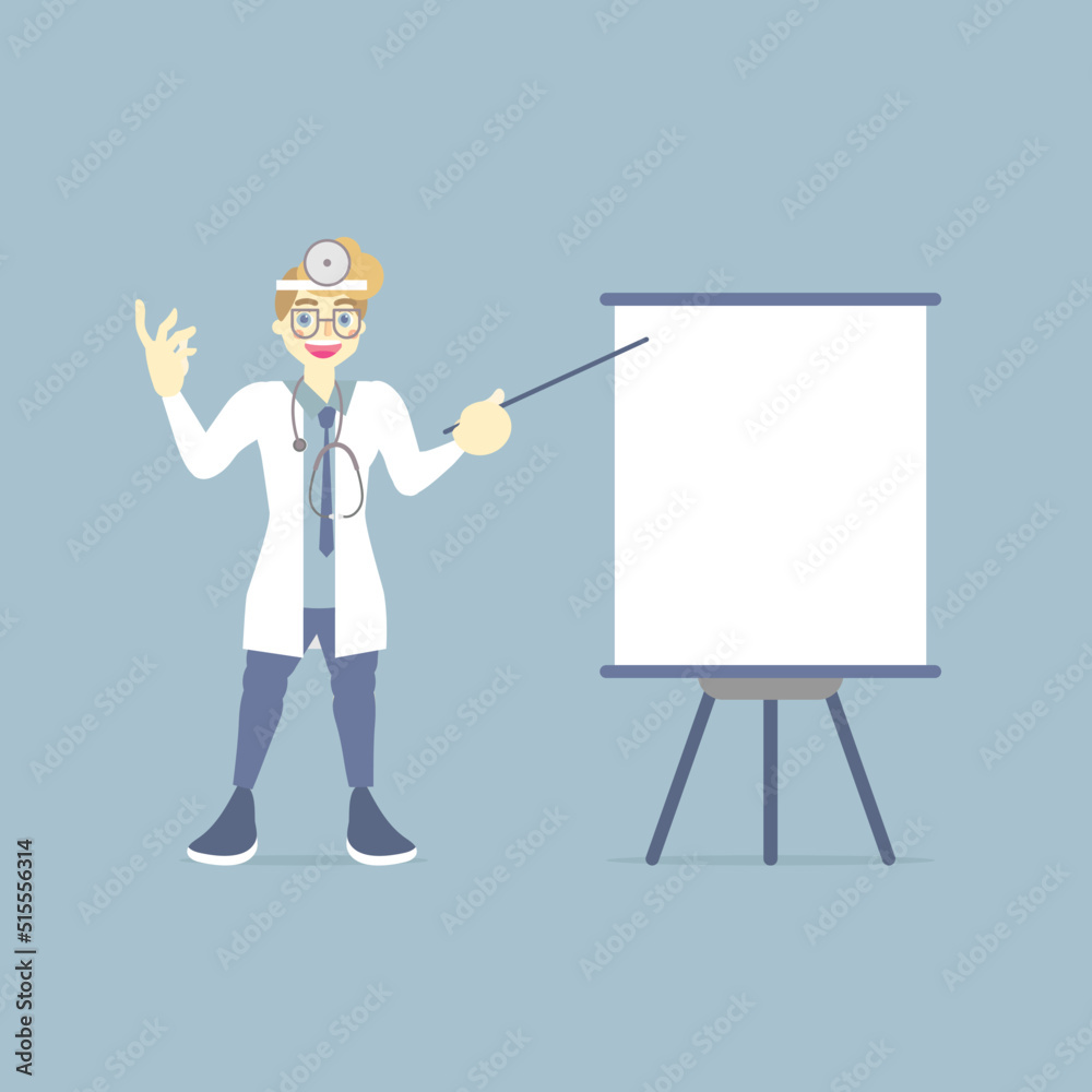 male doctor making presentation, pointing at blank flip board chart, health care concept for hospital, flat character design, vector illustration male doctor making presentation, pointing at blank flip board chart, health care concept for hospital, flat character design, vector illustration