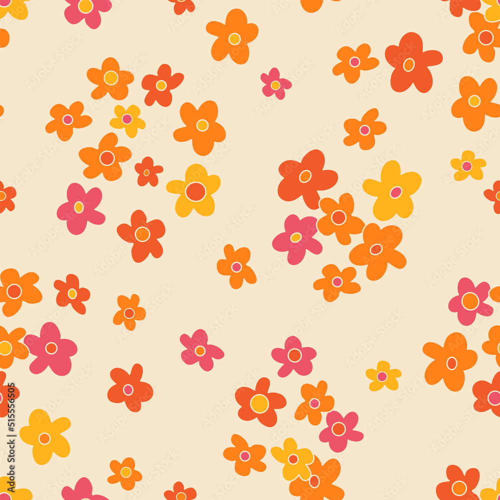 Small scaled hippie seamless vector pattern. Nostalgic retro 60s-70s groovy print. Vintage floral background. Textile and surface design with old fashioned hand drawn naive geometric flowers Small scaled hippie seamless vector pattern. Nostalgic retro 60s-70s groovy print. Vintage floral background. Textile and surface design with old fashioned hand drawn naive geometric flowers