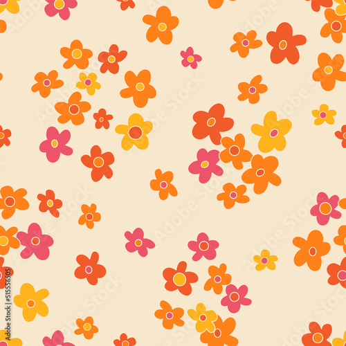 Fototapeta Naklejka Na Ścianę i Meble -  Small scaled hippie seamless vector pattern. Nostalgic retro 60s-70s groovy print. Vintage floral background. Textile and surface design with old fashioned hand drawn naive geometric flowers