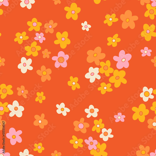 Small scaled hippie seamless vector pattern. Nostalgic retro 60s-70s groovy print. Vintage floral background. Textile and surface design with old fashioned hand drawn naive geometric flowers