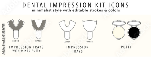 Dental Impression Kit for Night Guard, Mouth Guard, or CLear Aligners Icons of Upper and Lower Impression Trays and Putty Line Art Minimalist Style with Editable Strokes and Colors