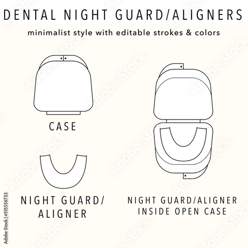 Top View Minimalist Icon Illustration of Dental Night Guard Mouth Guard Clear Aligner in an Open Case, without a Case, and a Closed Case