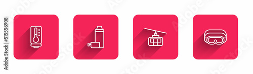 Set line Meteorology thermometer, Thermos container, Cable car and Ski goggles with long shadow. Red square button. Vector