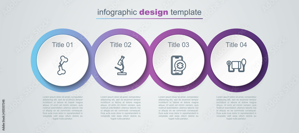 Set line Human broken bone, Microscope, Emergency phone call and Blood pressure. Business infographic template. Vector Set line Human broken bone, Microscope, Emergency phone call and Blood pressure. Business infographic template. Vector