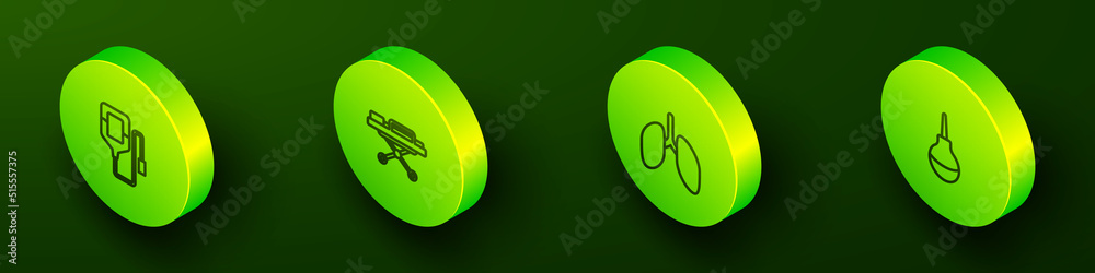 Set Isometric line IV bag, Stretcher, Lungs and Enema icon. Vector Set Isometric line IV bag, Stretcher, Lungs and Enema icon. Vector